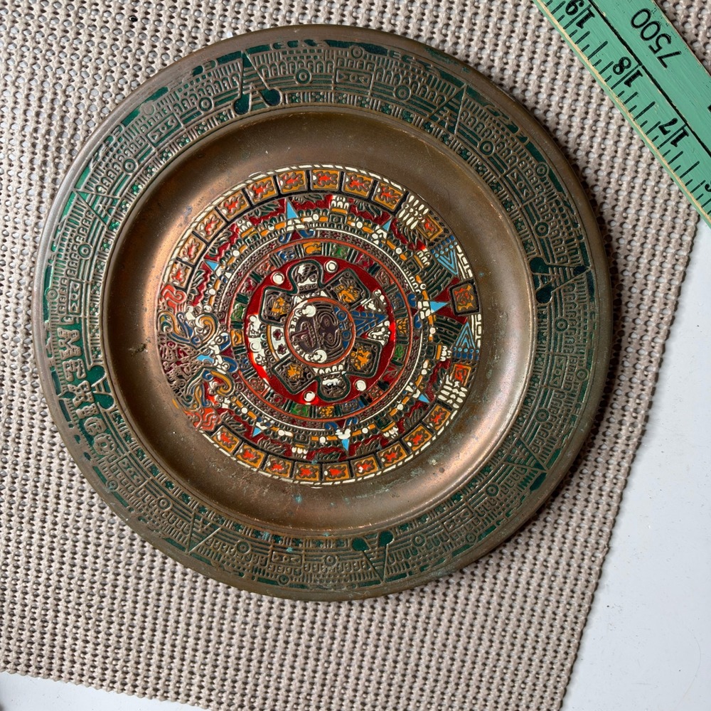 Vintage Aztec Sun Stone Copper Brass Enamel Wall Hanging Plate Mexico 8.5in
